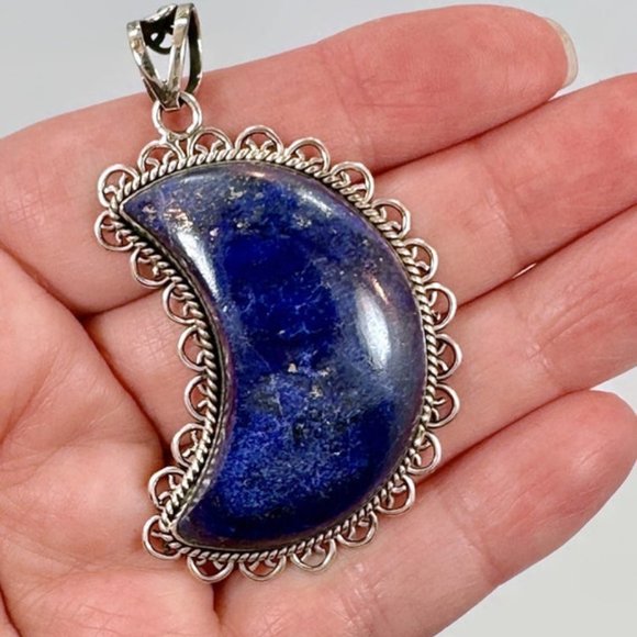 Moon Pendant, Lapis Lazuli , Sterling Silver, Crescent Moon, 2 1/2" Long,Artisan - Picture 1 of 5